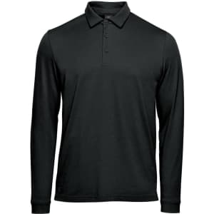 A long-sleeved, black polo shirt with a collar and buttoned placket, featuring a logo.