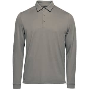 A men's long-sleeve polo in grey with a collar and three buttons, featuring a logo on the side.
