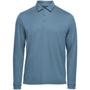 A long-sleeve micro pique polo in a blue-grey shade, featuring a collar and three-button placket. It has a logo.