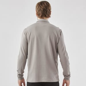 A long-sleeve grey polo shirt with a simple design and a logo on the back.