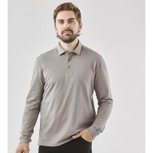 A long-sleeved grey men's polo shirt with a collar and buttons, featuring a logo.