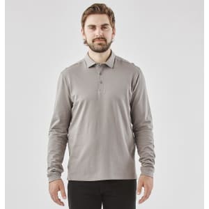 A long-sleeved grey polo shirt for men with a collar and a branding logo.