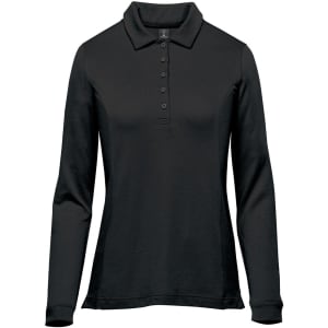 A women's long sleeve micro pique polo in black with a collar and buttons, featuring a logo.