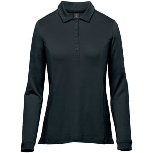 A black long-sleeve polo shirt featuring a collar and buttons, with a logo on the chest.