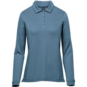 A long-sleeve women's polo in a soft blue colour with a collar and button front, featuring a logo.