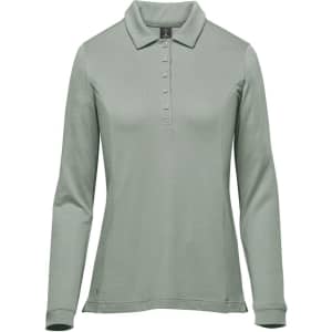 A long-sleeve polo shirt in a soft green shade, featuring a collar and a button placket. The shirt has a logo.