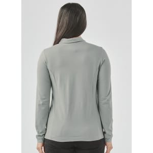 A grey long-sleeve polo shirt for women, featuring a classic collar and a fitted design. Includes a logo.