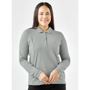 A long-sleeve, grey women's polo shirt with a collar and buttons, featuring a branding logo.