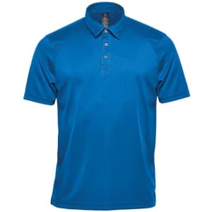 A blue men's polo shirt featuring a collar, three buttons, and a logo on the chest.