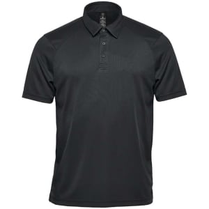 A black men's polo shirt with a collar, featuring short sleeves and a logo on the chest.