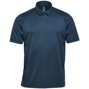 A navy blue men's polo shirt with a collar and a logo on the chest. Suitable for sporty settings.