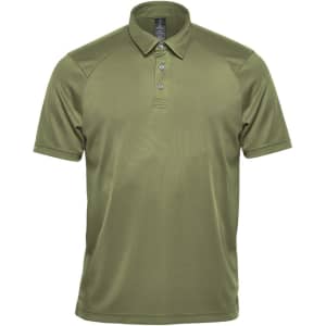 A green men's polo shirt with a collar, buttons, and a subtle logo on the chest.