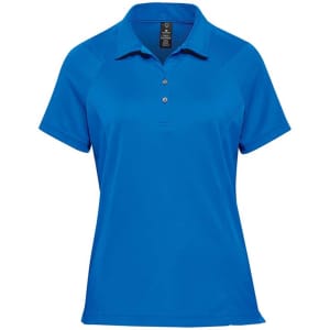A women's polo shirt in vibrant blue, featuring a classic collar and a logo. Designed for sports and casual wear.