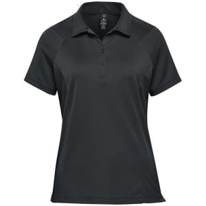 A dark green women's polo shirt featuring a collar and short sleeves, with a logo on the chest area.