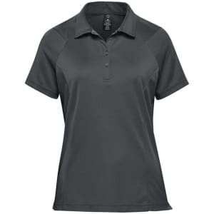 A women's polo shirt in dark grey, featuring a stylish design and a logo on the chest.