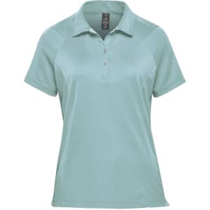 A women's polo shirt in a light teal colour with a three-button placket and a logo.