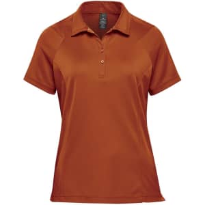 A women's polo shirt in a rich orange colour with a collar and short sleeves, featuring a logo.