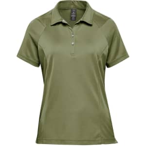 A green women's polo shirt with a collar, buttons, and short sleeves. It features a logo on the front.