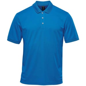 A blue men's polo shirt with a collar and three buttons, featuring a logo.