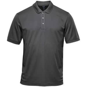 A dark grey men's polo shirt with a collar and three buttons, featuring a logo on the chest.