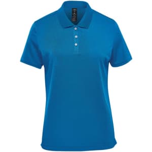 A vibrant blue women's polo shirt with a classic collar and three buttons, featuring a logo on the chest.