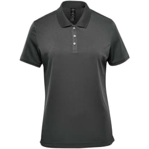 A women's polo shirt in dark grey, featuring a collar and three buttons, with a logo on the chest.
