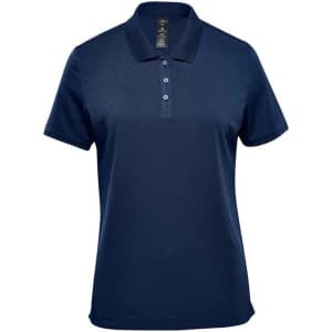 A navy women's polo shirt with a collar and three buttons, featuring a logo on the chest.