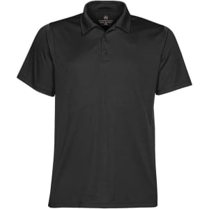 A black polo shirt featuring a classic collar and three buttons, with a logo on the neck.