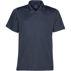 A dark navy polo shirt with a standard collar and three buttons, featuring a logo.