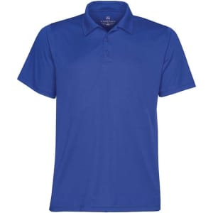 A lightweight, short-sleeved blue polo shirt with a collar and a logo. Suitable for casual or active wear.