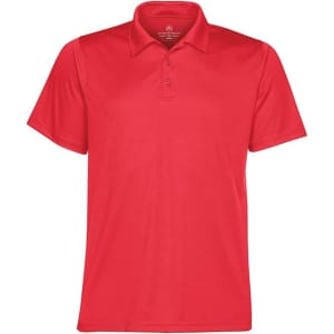 A red polo shirt with a collar and short sleeves, featuring a logo. Suitable for casual wear.