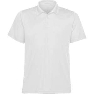 A white polo shirt with a collar and buttons, featuring a logo on the chest.