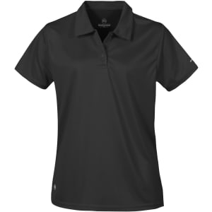 A women's black polo shirt with a collar and short sleeves, featuring a logo.