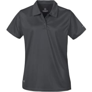 A women's polo shirt in dark grey, featuring a collar and a logo on the hem.