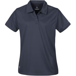 A dark blue women's polo shirt with a collar and short sleeves, featuring a logo on one side.