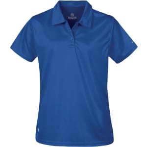 A blue women's polo shirt featuring a collared design and a subtle logo.