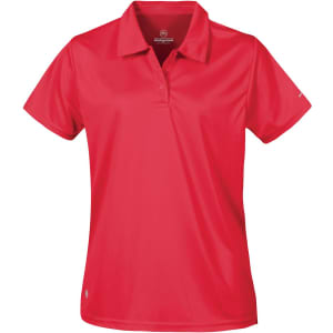 A red women's polo shirt featuring a collar and short sleeves, with a logo present on the design.