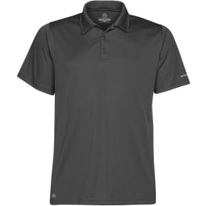 A dark grey men's polo shirt featuring a collar and three-button placket, with a logo on one sleeve.