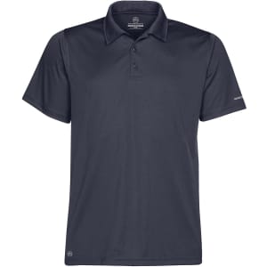 A dark navy polo shirt with a collar and short sleeves, featuring a logo on one sleeve.