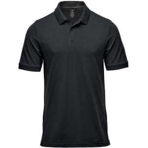 A black polo shirt with a collar and short sleeves, featuring a logo on the chest.