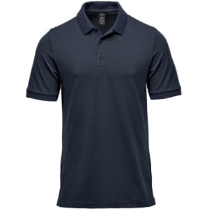 A dark navy men's polo shirt with a collared neckline and short sleeves. It features a logo on the chest.