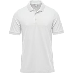 A white men's polo shirt featuring a collar, short sleeves, and a branded label.
