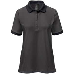 A women's polo shirt in dark grey with a contrasting black collar and sleeve cuffs. It features a logo.