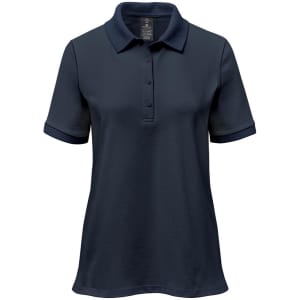 A navy women's polo shirt with a collared neckline and short sleeves, featuring a logo on the chest.