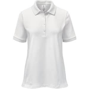 A white women's polo shirt with short sleeves and a collar, featuring a button-up front and a logo.