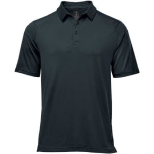 A dark green men's polo shirt with short sleeves and a collar. It features a logo on the chest.