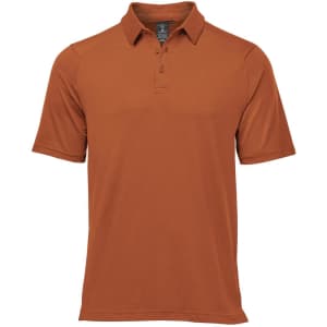A short-sleeved polo shirt in a warm orange colour, featuring a collar and a logo on the chest.