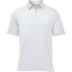 A white polo shirt with a collar and short sleeves, featuring a logo. Suitable for casual or semi-formal wear.