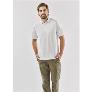 A white men's polo shirt worn with olive green cargo trousers, featuring a logo on the chest.