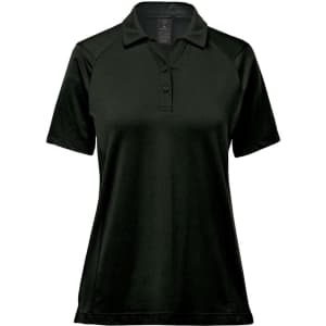A women's polo shirt in dark green with a classic collar and short sleeves. Features a logo.